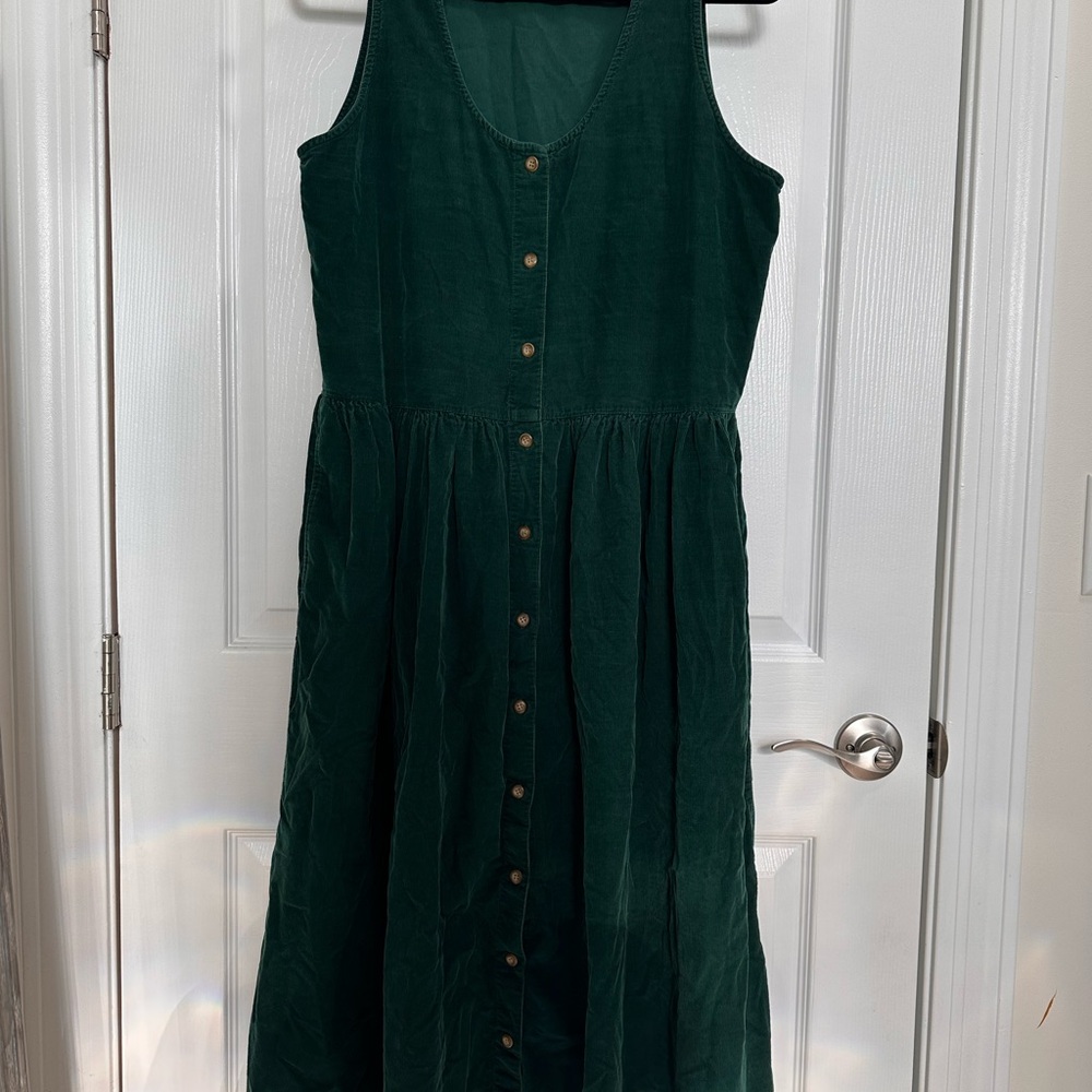 Vintage Eddie Bauer Green Corduroy Button-Down Sleeveless Dress